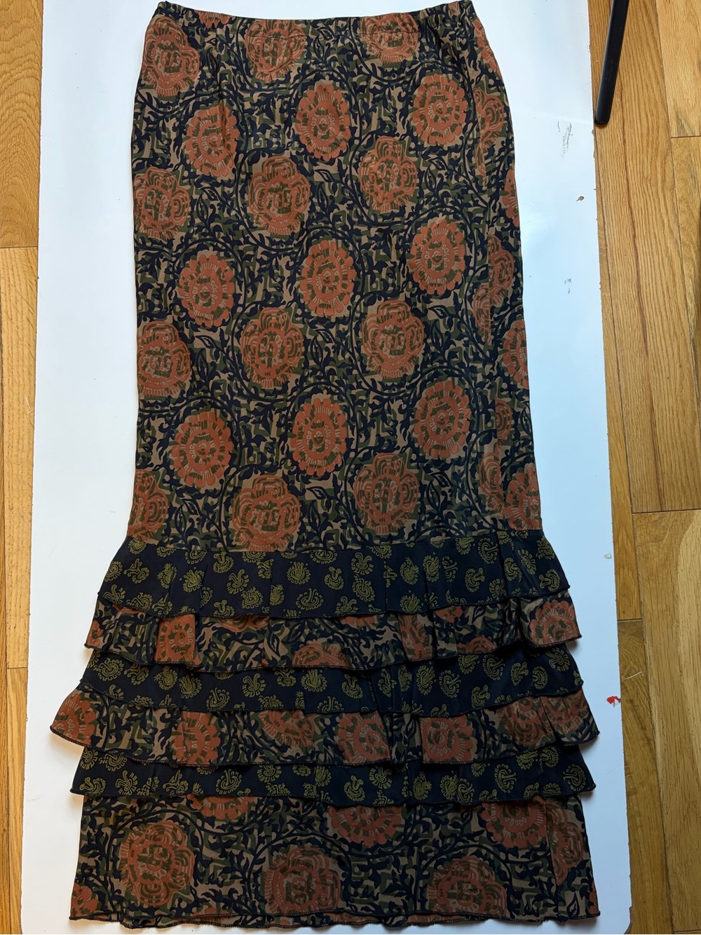 Peruvian Connection maxi silk skirt tiered ruffle bottom